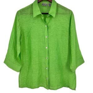 Chico’s Linen Silk Button-Up Women's Top Size 1 (8/10) Green 3/4 Sleeve Classic